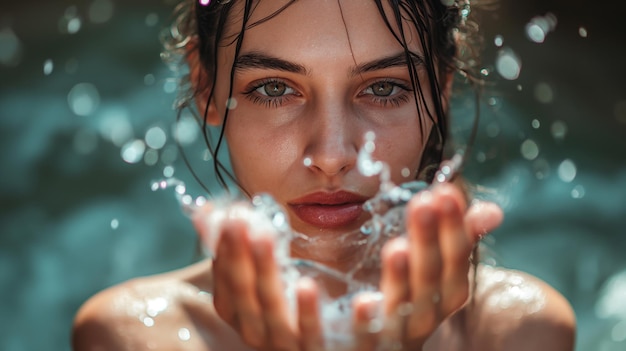 Bella mujer modelo con salpicaduras de agua en sus manos cuidado de la piel cosmético natural retrato de belleza