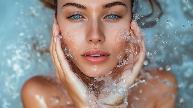 Bella mujer modelo con salpicaduras de agua en sus manos cuidado de la piel cosmético natural retrato de belleza