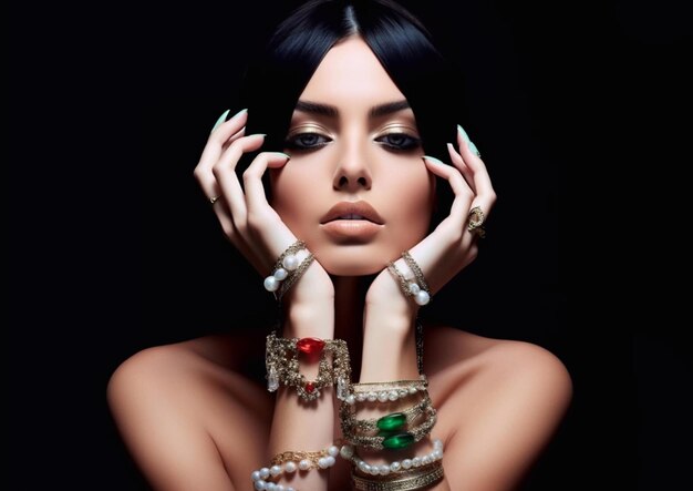 Bella mujer morena con maquillaje con las manos cubiertas de anillos y pulseras