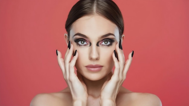 Bella mujer morena con uñas negras y maquillaje de moda de los ojos