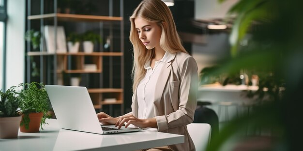 Bella mujer de negocios joven en camisa con computadora portátil de pie en un espacio de trabajo moderno