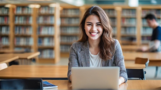 Foto bella mujer de negocios sonríe usar una computadora portátil para trabajar en bibliotecas librerías negocio independiente deve