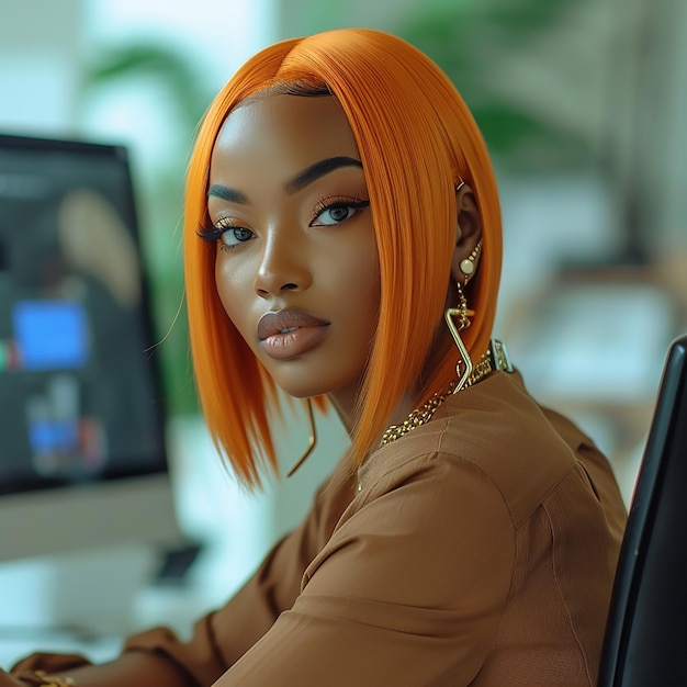 Bella mujer negra con el cabello laranja liso plano planado expresión neutral