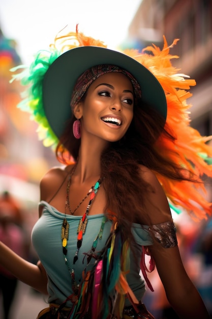Foto bella mujer negra celebrando el carnaval y bailando en la calle generada por ia