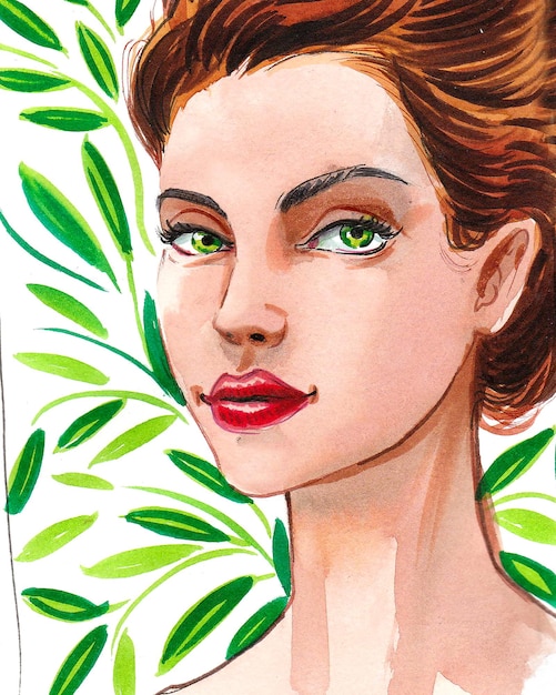 Bella mujer de ojos verdes. Dibujo a tinta y acuarela