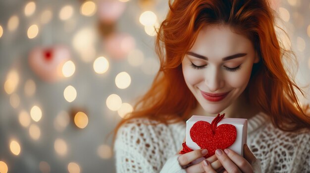 Foto bella mujer pelirroja con regalo para el día de san valentín con bokeh en el fondo