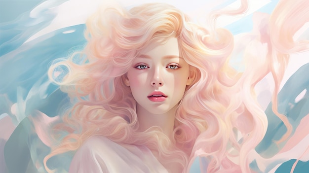Bella mujer rubia con cabello ondulado y colorido maquillaje diseño de salón de belleza