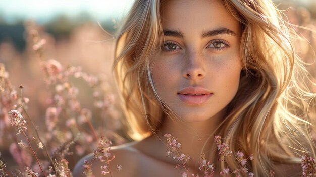 Bella mujer rubia en el campo de flores IA generativa