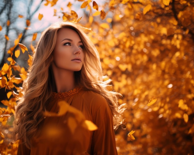 bella mujer rubia con hojas doradas de otoño en el fondo