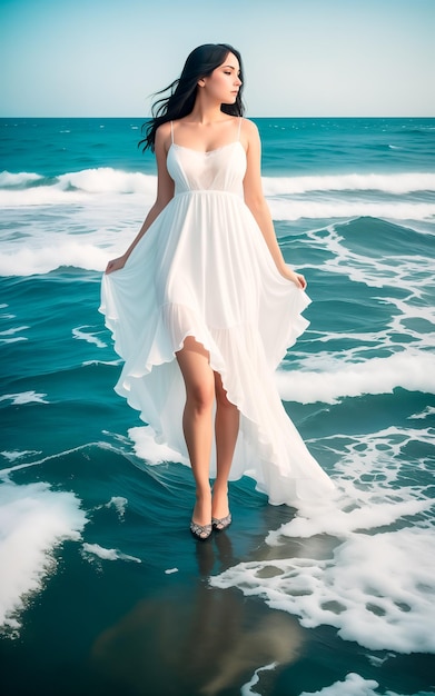 Bella mujer sexy en vestido blanco hinchado bajo el agua