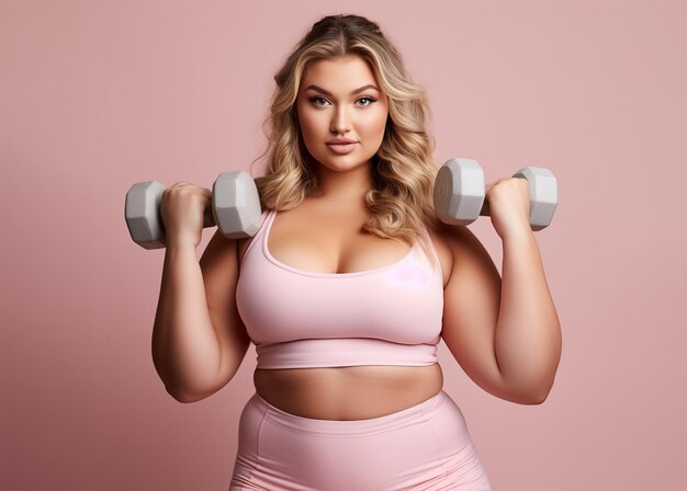 Bella mujer con sobrepeso en ropa deportiva con pesas conceptos de pérdida de peso y ejercicio
