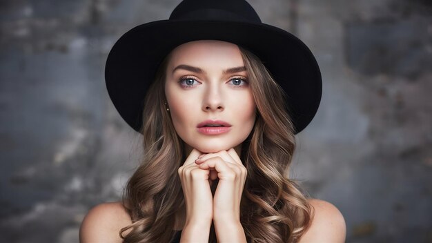 Foto bella mujer con sombrero negro sosteniendo su barbilla