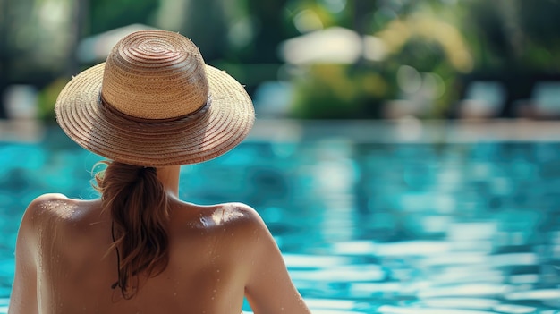 Bella mujer con sombrero de paja relajándose en el estilo de la piscina en un hotel de lujo