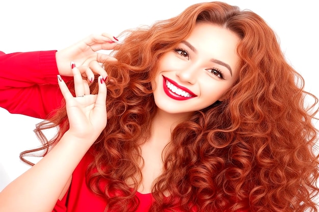 Foto bella mujer sonriente con cabello largo y ondulado niña con peinado rizado y uñas de manicura rojas