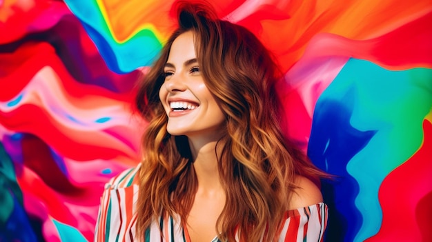 bella mujer sonriente frente a un colorido fondo abstracto Imagen generativa de IA