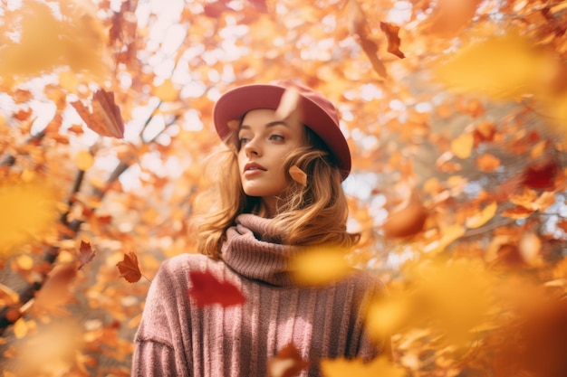 bella mujer con suéter rosa y sombrero en hojas de otoño