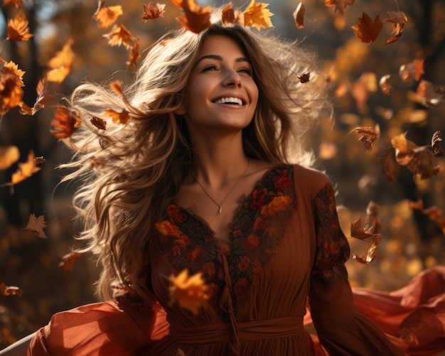 bella mujer vestida de marrón con hojas de otoño volando a su alrededor