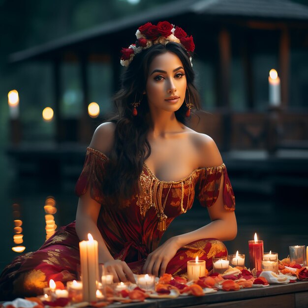 Foto bella mujer con un vestido amarillo tailandés loi krathong decorado con flores velas e incienso