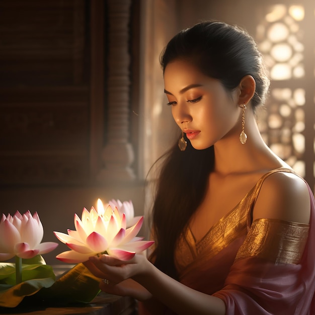 Foto bella mujer con un vestido amarillo tailandés loi krathong decorado con flores velas e incienso