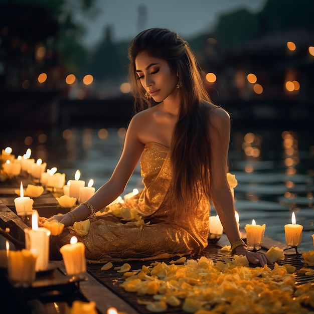 Foto bella mujer con un vestido amarillo tailandés loi krathong decorado con flores velas e incienso