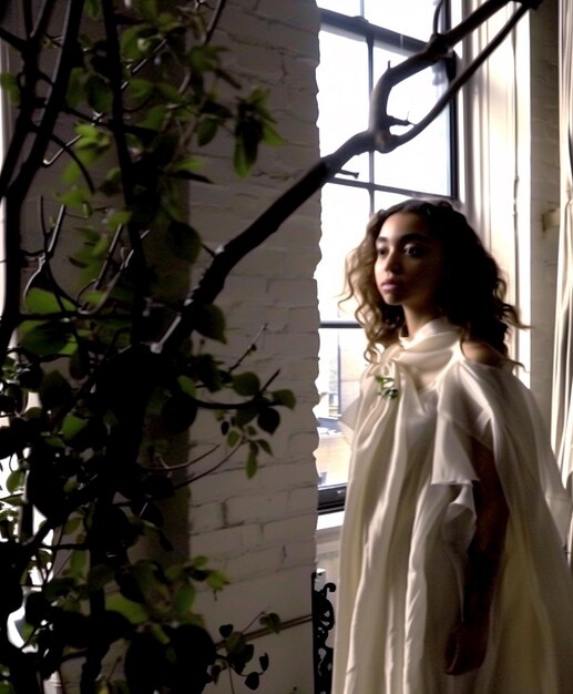 Bella mujer en un vestido blanco sobre el fondo de una ventana