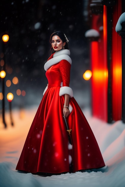 Bella mujer con un vestido rojo en un invierno nevado