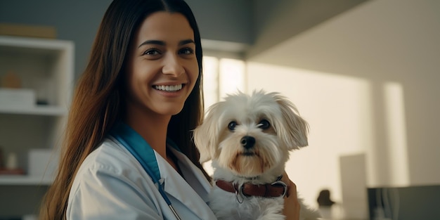 Bella mujer veterinaria hispana con un perro