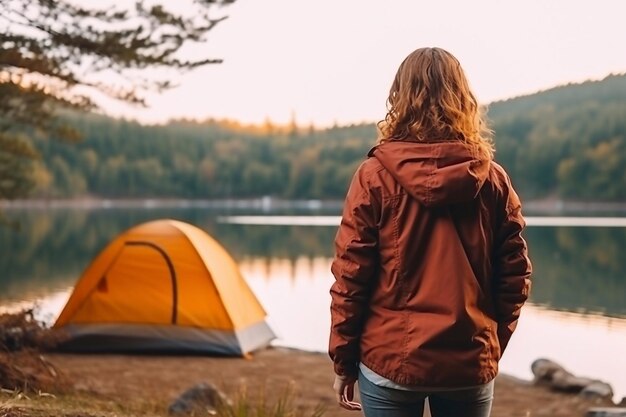 Bella mujer viajando y acampando sola en un parque natural El concepto de la meditación de la soledad