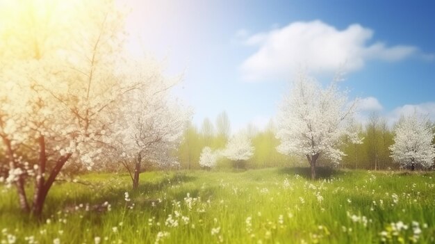 Bella naturaleza de fondo borrosa de primavera con árboles de claros en flor y cielo azul en un día soleado Generativo Ai