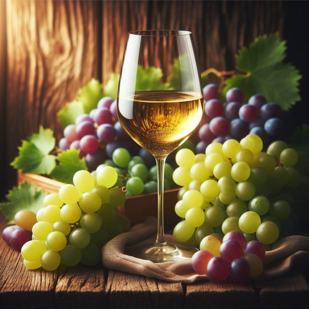 Bella naturaleza muerta vidrio de vino blanco uvas racimos de uvas