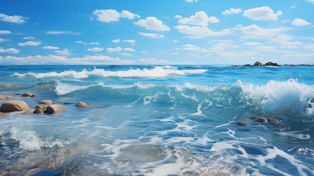 Bella naturaleza con nubes blancas sobre un fondo marino áspero bajo un cielo azul