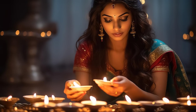 Bella niña india cerca de una vela durante Diwali en la India