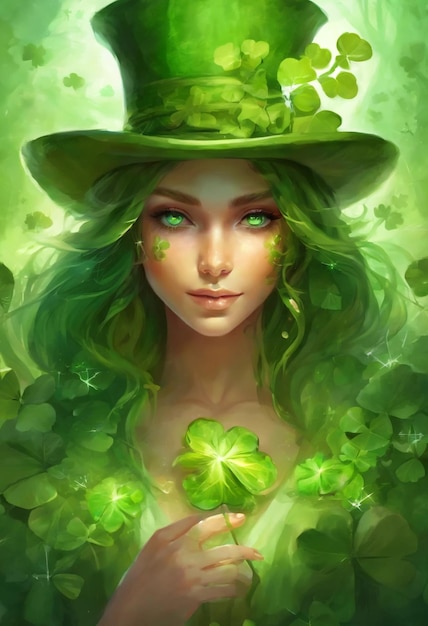 Bella niña leprechaun con sombrero verde y hojas de trébol