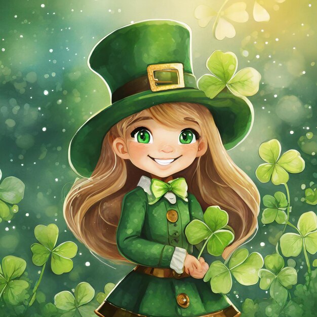 Bella niña leprechaun con sombrero verde y hojas de trébol