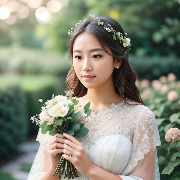 Bella novia asiática durante el día de la boda