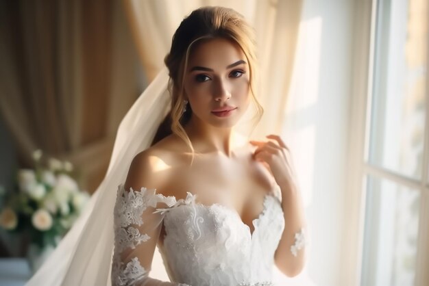 Foto bella novia con un elegante vestido de novia