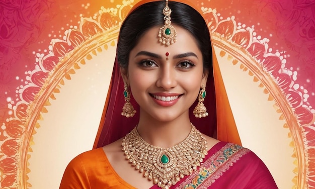 Bella novia india con joyas y un sari rojo