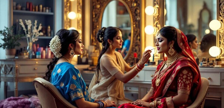 Bella novia con el maquillaje tradicional indio