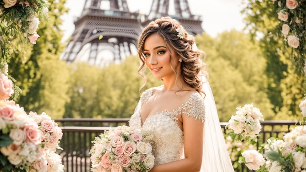 Foto bella novia en un vestido blanco contra el telón de fondo de la torre eiffel