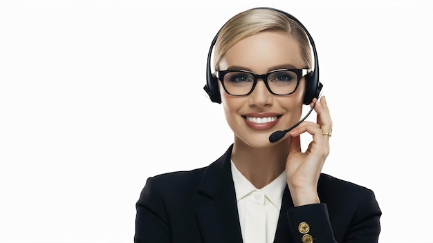 Bella operadora de servicio al cliente mujer con auriculares aislados en fondo blanco