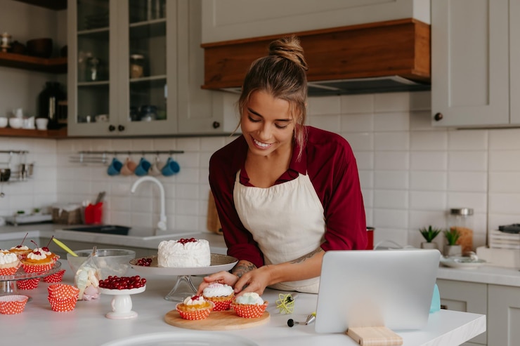 Foto bella panadera que vende muffins y sonríe mientras está de pie en la cocina doméstica
