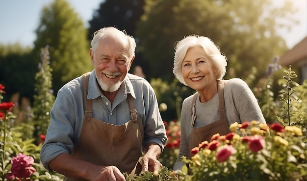 Bella pareja de ancianos trabajando en el jardín Diseñador de paisajes en el trabajo Sonrientes hombres y mujeres mayores jardineros cuidando flores y plantas Hobby en la jubilación