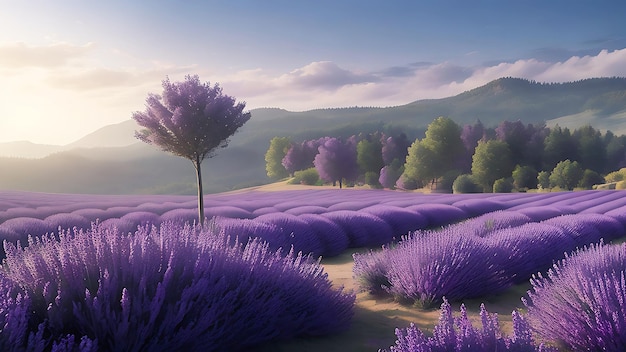 Bella pintura en acuarela de un campo de lavanda Paisaje abstracto con árboles