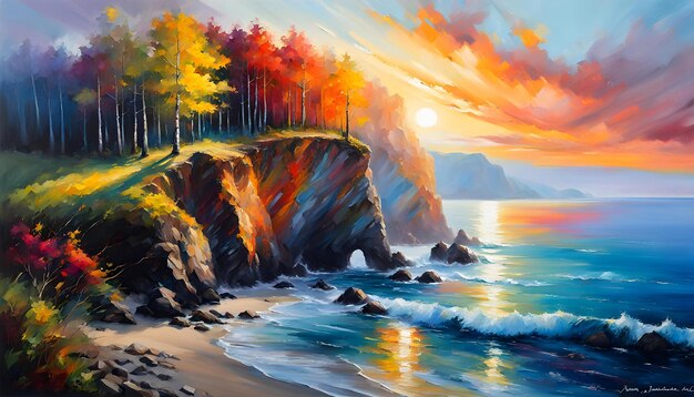 Bella pintura al óleo abstracta de un paisaje de puesta de sol sobre las rocas de los árboles de la orilla del mar