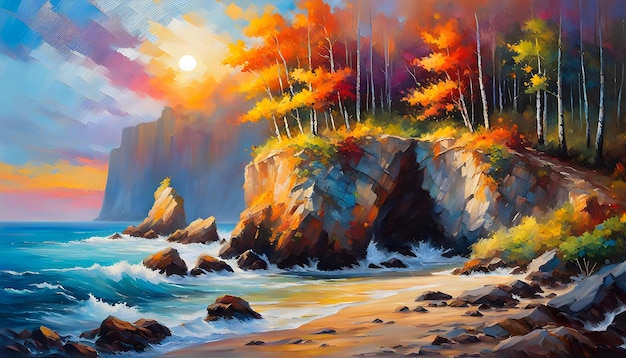 Foto bella pintura al óleo abstracta de un paisaje de puesta de sol sobre las rocas de los árboles de la orilla del mar