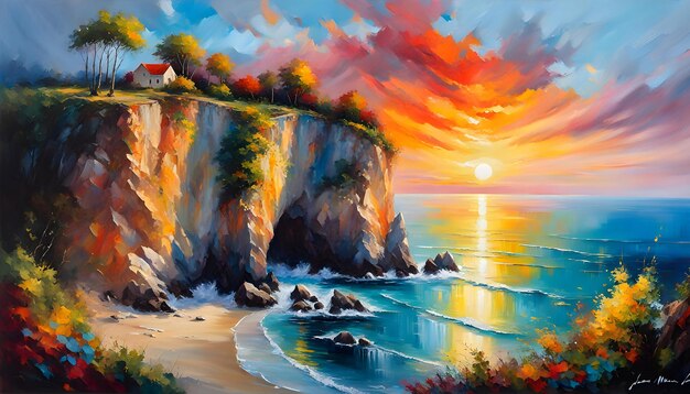 Bella pintura al óleo abstracta de un paisaje de puesta de sol sobre las rocas de los árboles de la orilla del mar