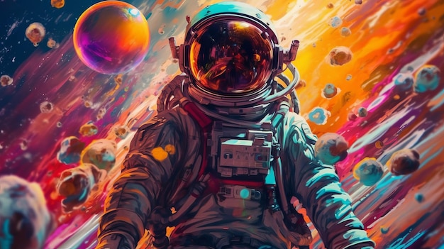 Bella pintura de un astronauta en una colorida ilustración generada por la IA