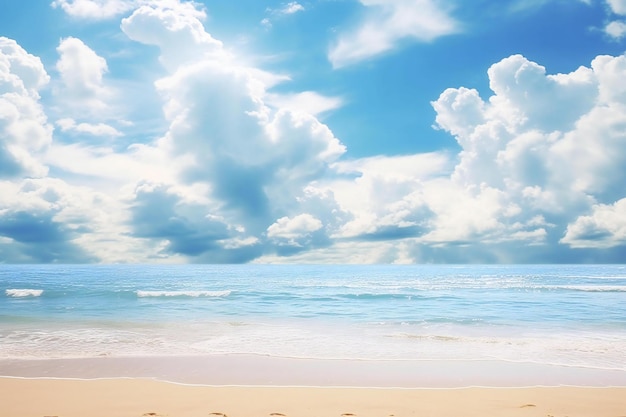 Bella playa y mar tropical bajo el cielo azul con nubes blancas