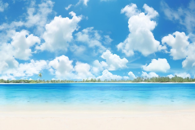 Bella playa y mar tropical bajo un cielo azul con nubes blancas