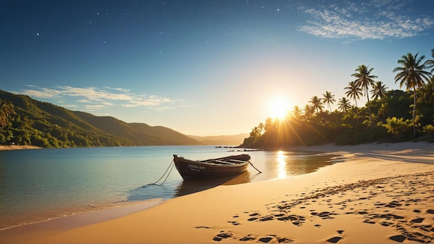 Bella playa de paraíso tropical con bote de madera y palmeras en un soleado día de verano Tierra perfecta